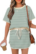 Opemiby Womens 2 Piece Skort Set 2026 Color Block Short Sleeve Top Drawstring Skort Matching Sets Casual Lounge Summer Outfit