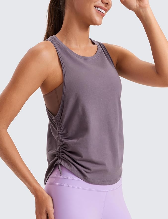CRZ YOGA Pima Cotton Ruched Side Tank Tops for Women - Workout Athletic Casual Racerback Crewneck Loose Sleeveless Shirts
