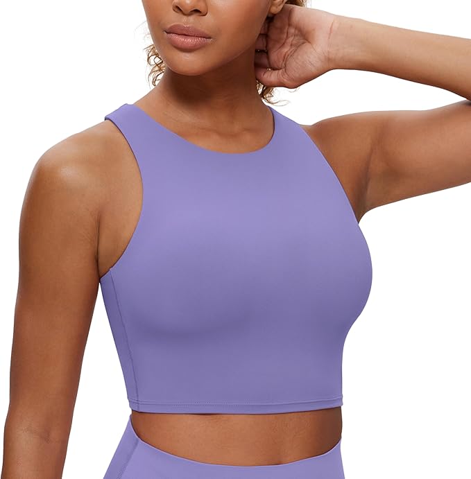 CRZ YOGA Butterluxe High Neck Crop Tank Tops for Women - Racerback Padded Longline Sports Bras Workout