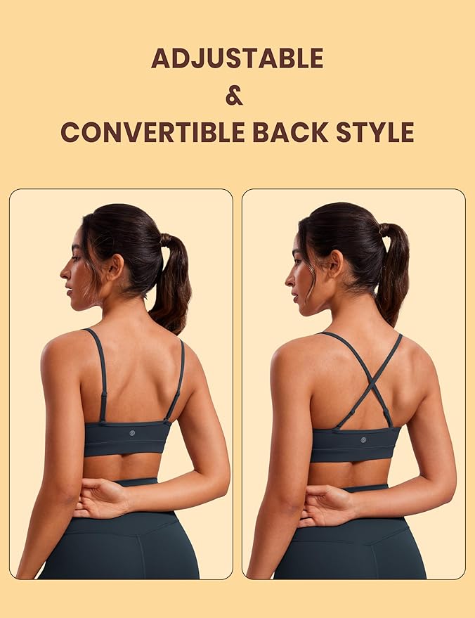 CRZ YOGA Butterluxe V-Neck Sports Bras for Women - Adjustable Thin Straps Padded Yoga Top Basic Wireless Camisole