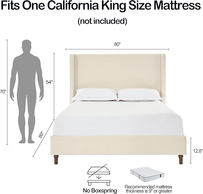 California King Size Upholstered Bed Frame, 54" Tall Headboard Wingback Platform Bed Frames, Elegant Simplicity/Strong Wood Slats Support/No Box Spring Needed/No Noise, Beige Boucle