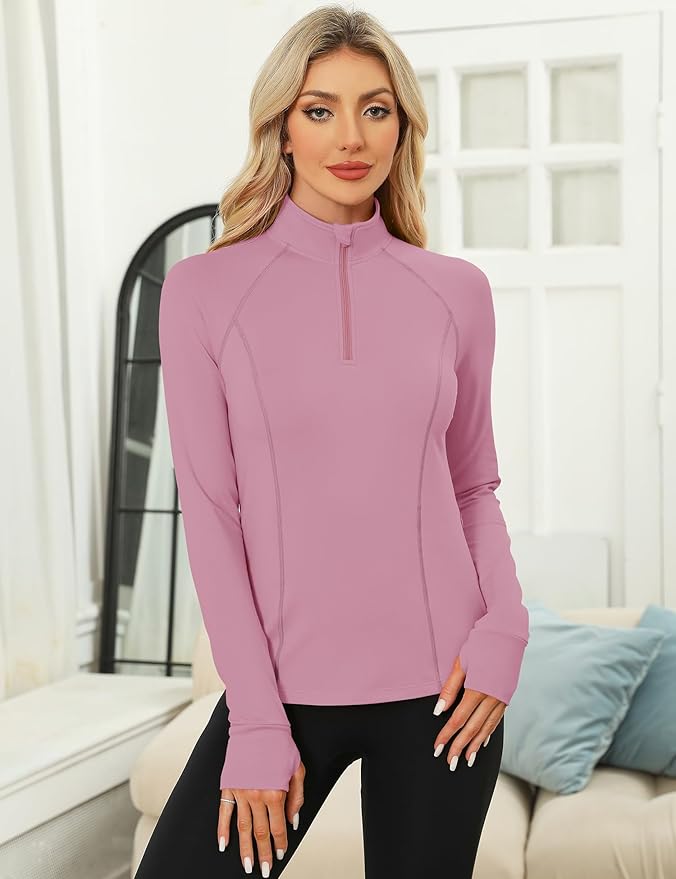 LOMON Women's Long Sleeve Athletic Tops Quarter Zip Workout Shirts Turtle Neck Fall Compression Shirt with Thumb Hole