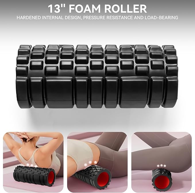 Krightlink 5-in-1 Foam Roller Set - Deep Tissue Muscle Recovery Kit with High Density Exercise Roller, Massage Ball, Resistance Band & Carry Bag for Physical Therapy & Pain Relief (Black)