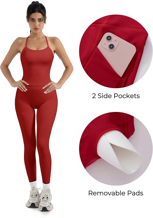 SUUKSESS Women 2 Piece Workout Sets Compression Tummy Control Leggings with Pockets Halter Built in Bra Tank Tops