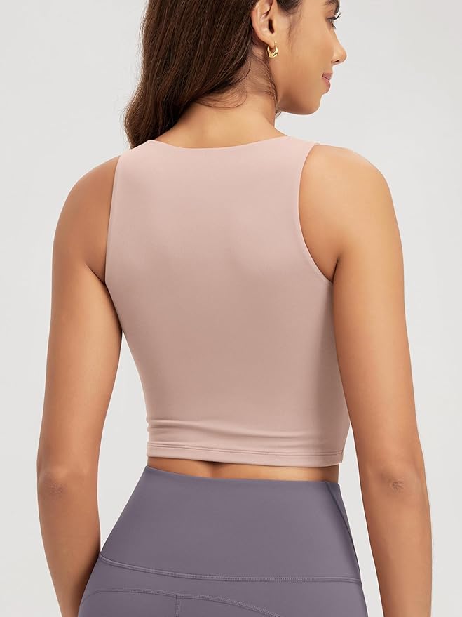 ODODOS Double Layer High Neck Crop Tank for Women Cloud Feeling Sleeveless Casual Yoga Cropped Tops