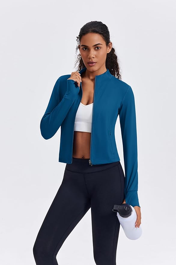 PINSPARK Women Cropped Workout Jackets Full Zip Slim Fit Athletic Jackets Thumb Holes Running Jacket with Zipper Pockets