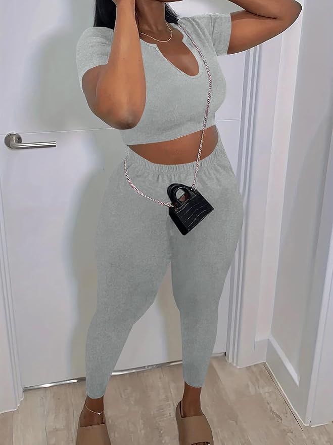 Nimsruc 2 Piece Sets For Women Sexy Casual Workout Crop Short Sleeve Long pants Leggings Sets Summer Active Wear