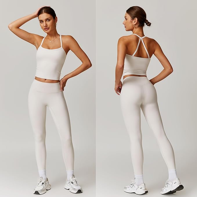 Women 2 Piece Workout Sets (NEW) Yoga Outfit Open Back Tank Top High Waisted Leggings Gym Sets Tracksuits