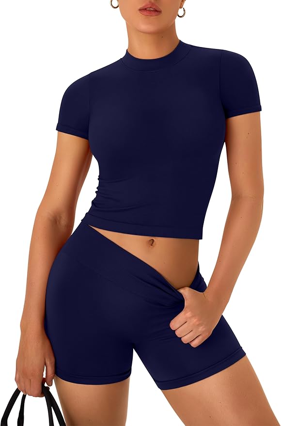 OLCHEE Womens Workout Sets 2 Piece Seamless Summer Outfits Scrunch Butt Shorts Crew Neck T-shirt Matching Clothing Set