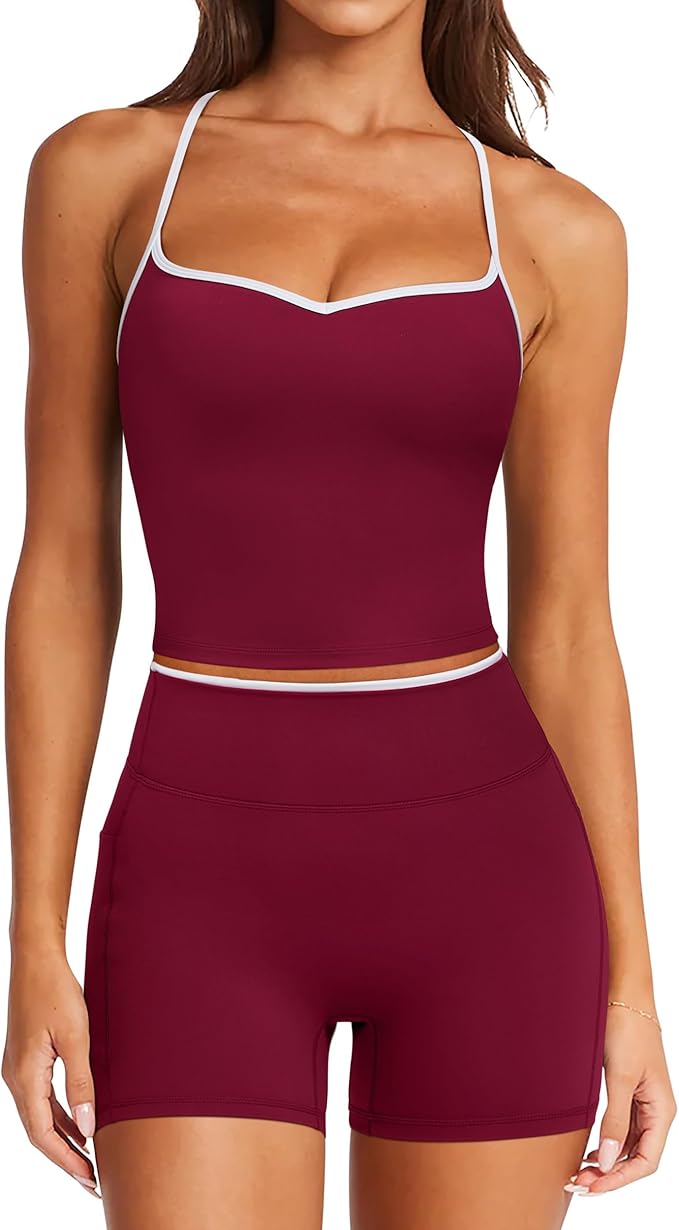 RXRXCOCO Color Block Workout Sets for Women 2 Piece Padded Strappy Tank Tops Hidden Scrunch Booty Shorts with Pockets