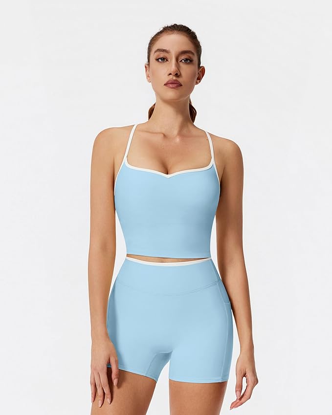 RXRXCOCO Color Block Workout Sets for Women 2 Piece Padded Strappy Tank Tops Hidden Scrunch Booty Shorts with Pockets