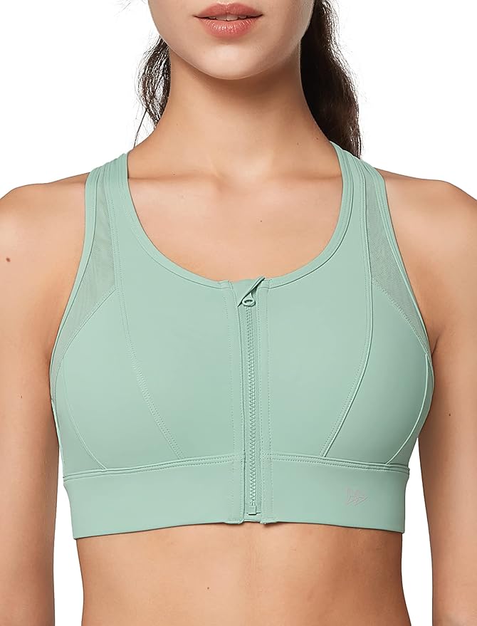 Yvette High Impact Zip Front Sports Bra Mesh Racerback Workout High Support Sports Bras for Women Large Breasts