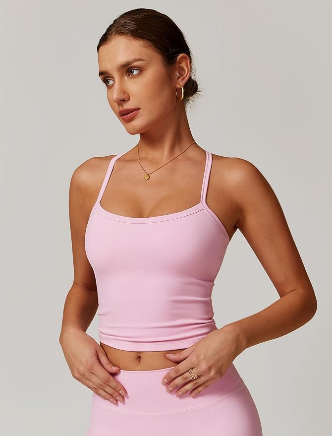 QBGJTD Womens Longline Sports Bras Cross Back Active Gym Yoga Padded Workout Crop Tank Top with Built in Bra