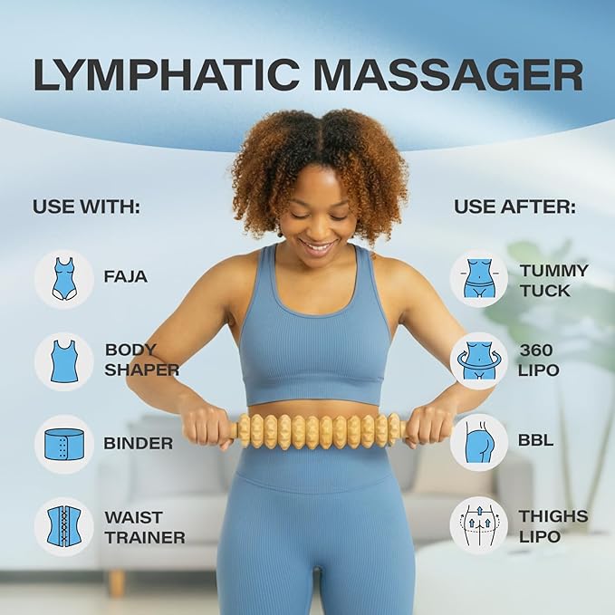 Bruizex Wood Therapy Massage Tool, Lymphatic Drainage Massage Roller Stick - Leg, Back & Thigh Muscle Roller for Post Liposuction & Fibrosis Treatment, 360 Lipo, Tummy Tuck & BBL, Lipo Foam