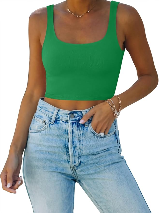 REORIA Women’s Sexy Square Neck Double Lined Seamless Sleeveless Cropped Tank Yoga Crop Basic Tops