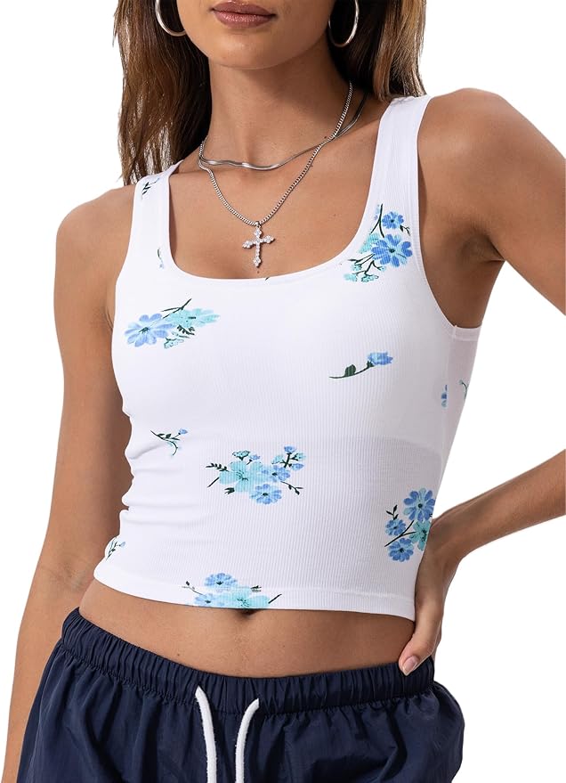 Danysu Women Rib Tank Top Padded Workout Top Square Neck Crop Tank Fitted Basic Cami Tops