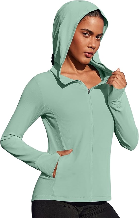 PINSPARK Women's UPF 50+ Sun Protection Hoodie Jacket Lightweight Full Zip Athletic Jacket Long Sleeve Shirt with Pockets