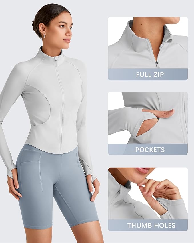G4Free Workout Jackets for Woman BareFeel Cropped Zip Up Athletic Running Jacket Slim Fit Yoga Tops with Thumb Holes