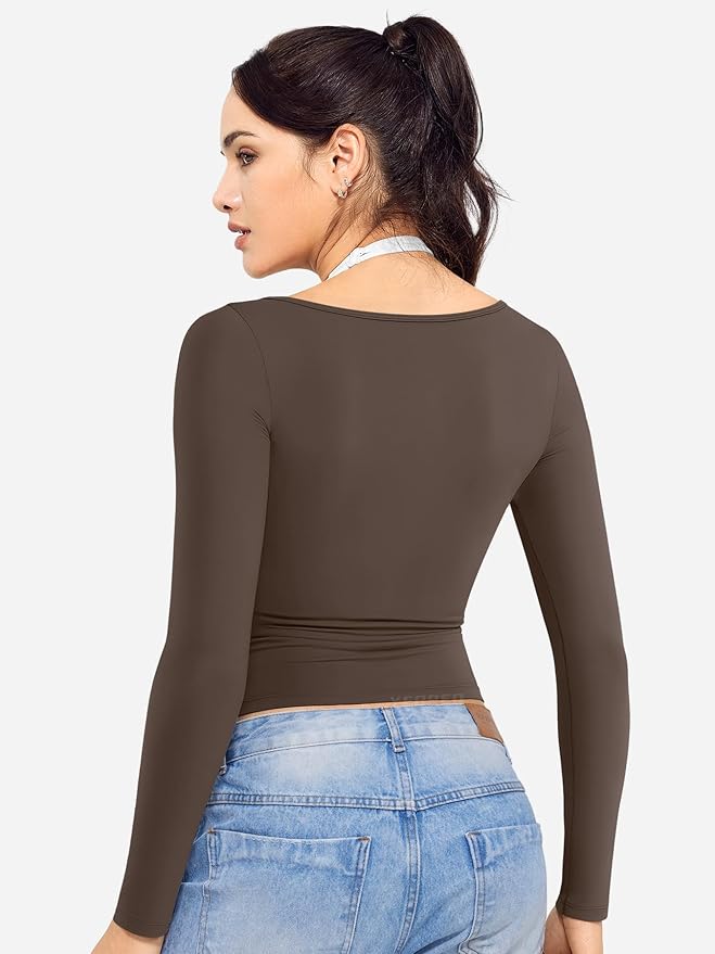 YEOREO Long Sleeve Workout Tops for Women Square Neck Slim Fitted Double Lined Compression Shirt Basic Casual Gym Yoga Tops