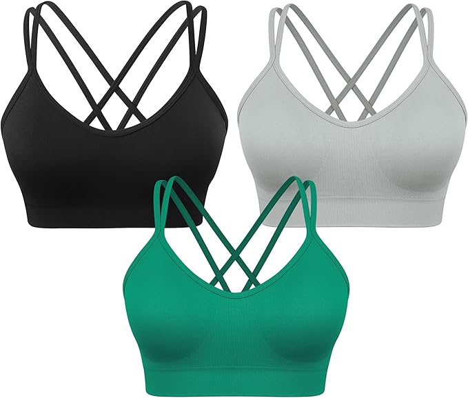 VEQKING Women's Cross Back Sports Bra Padded Strappy Medium Support Yoga Bra for Workout Fitness 3 Pack