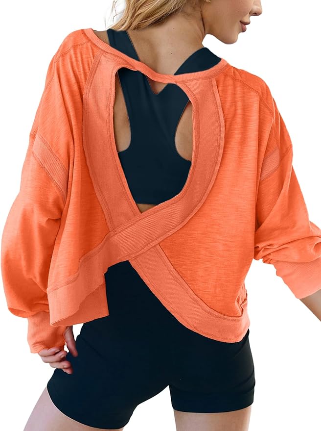 UNIANKIYA Open Back Workout Tops for Women Long Sleeve Cropped Athletic Clothes Gym Running Yoga Low Impact Sports T Shirts