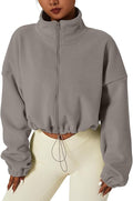QINSEN Women's Full Zip Fleece Short Jacket Warm Winter Long Sleeve Stand Collar Sherpa Crop Coat