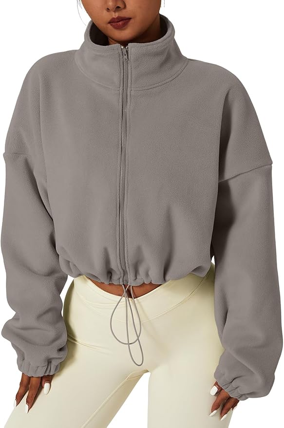 QINSEN Women's Full Zip Fleece Short Jacket Warm Winter Long Sleeve Stand Collar Sherpa Crop Coat