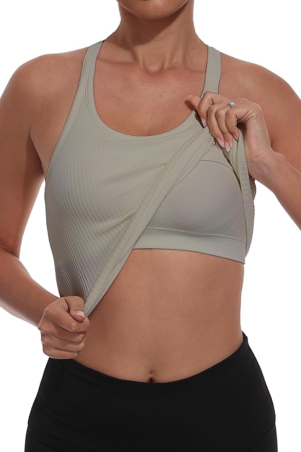 YIOIOIO Women Ribbed Workout Crop Tops with Built in Bra Seamless Yoga Racerback Tank Top Tight Fit