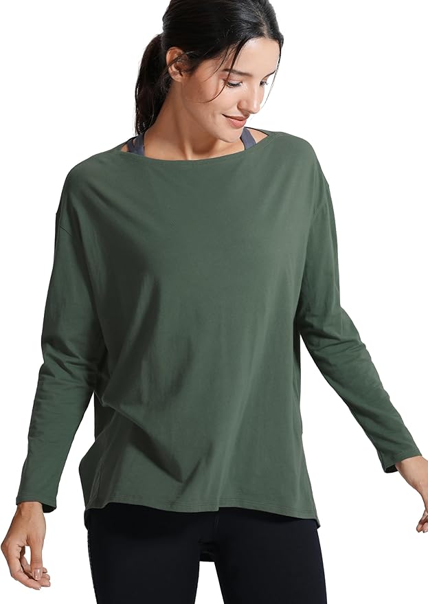CRZ YOGA Pima Cotton Boat Neck Long Sleeve Shirts for Women - Workout Athletic Yoga Casual Tops Loose Fit Fall T-Shirts