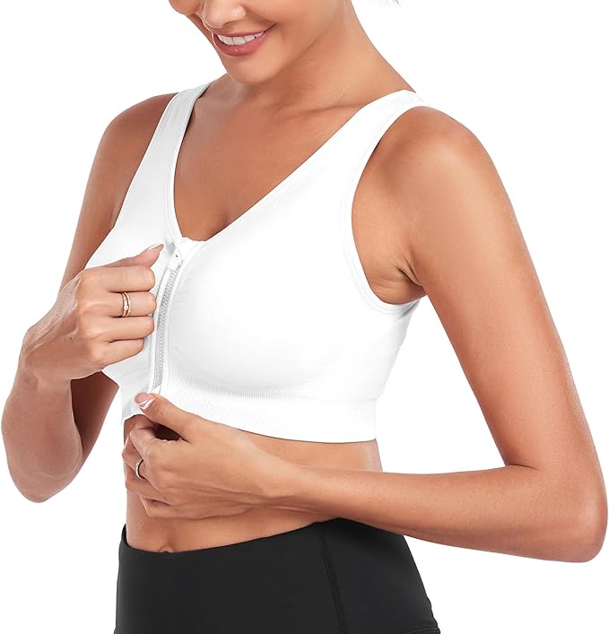 Women's Zip Front Sports Bra Wireless Post-Surgery Bra Active Yoga Sports Bras