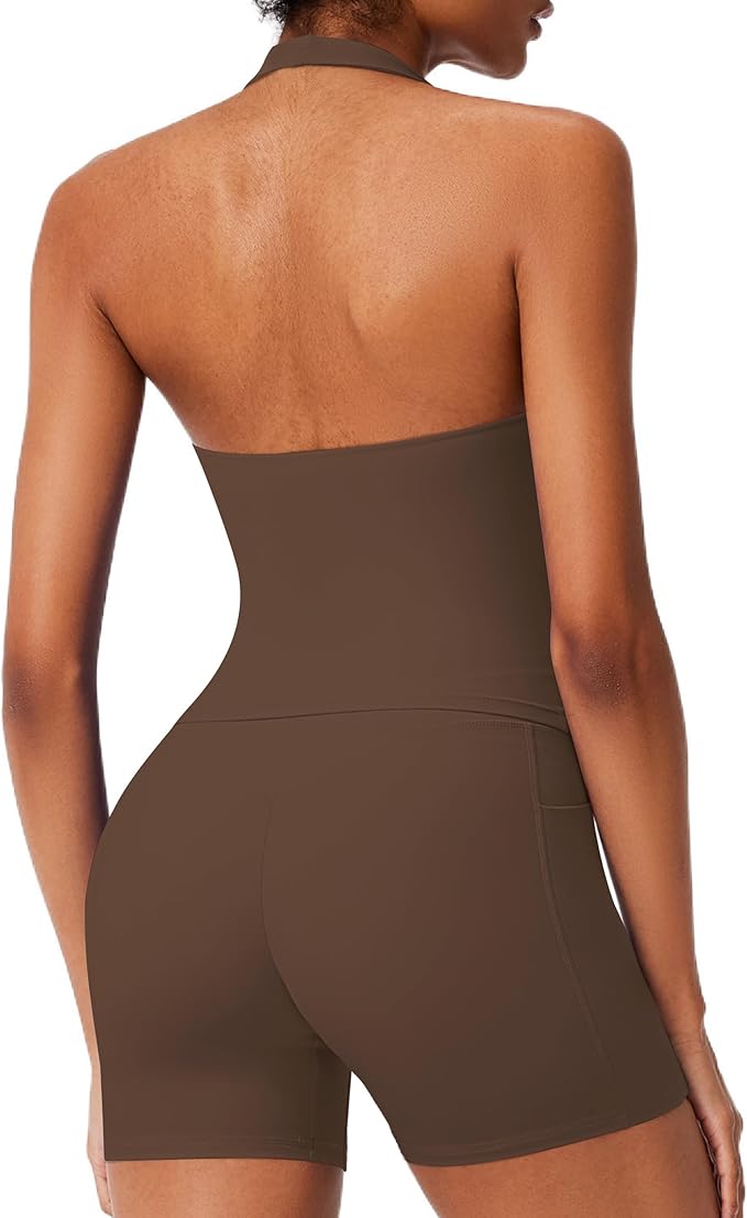 RXRXCOCO Halter Workout Sets for Women 2 Piece V Neck Tank Tops Hidden Scrunch Booty Shorts Gym Outfits with Pockets