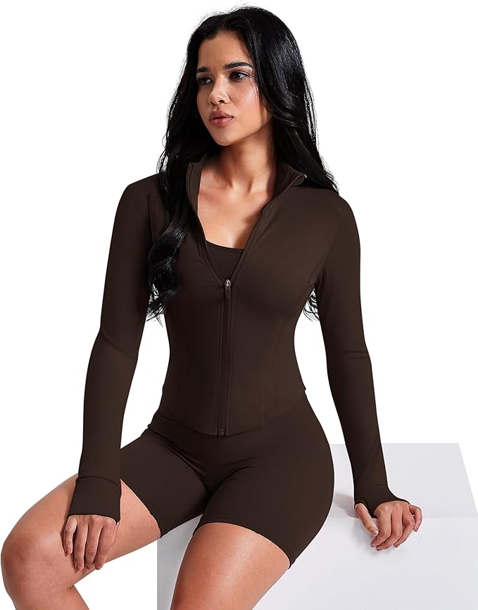 AVGO Women's Workout Jacket Lightweight Zip Up Crop Top Running Sportwear Slim Fit Gym Jackets With Thumb Holes