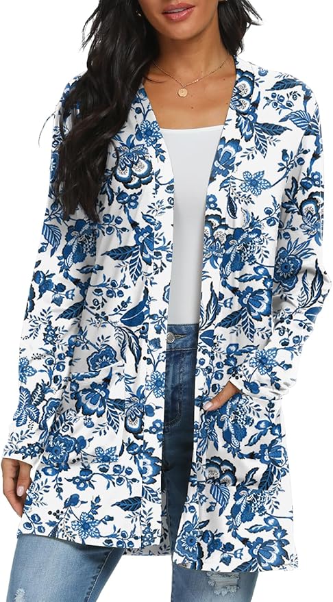 Womens Casual Lightweight with Pocketes Long Sleeve Open Front Cardigan