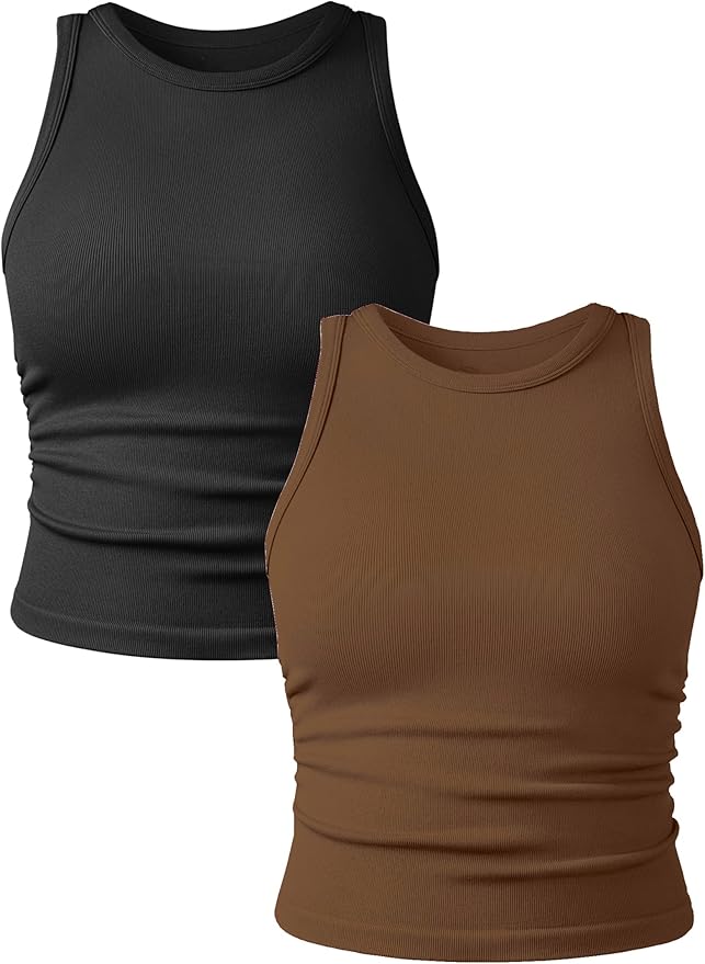 YIOIOIO Women's 2 Pieces Basic Seamless Tank Tops Sleeveless Crew Neck Workout Exercise Crop Camis