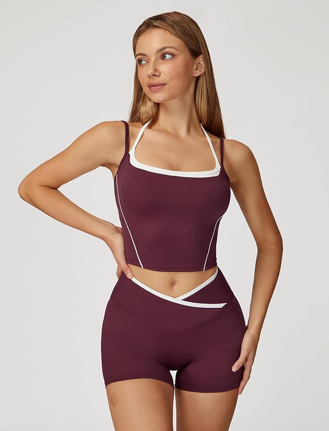 ABOCIW Workout Sets for Women 2 Piece Color Block Layered Cropped Tank Top Crossover High Waist Biker Shorts Gym Sets