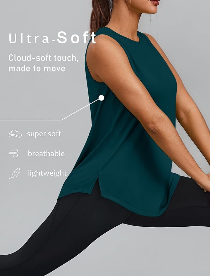 PINSPARK Workout Tops for Women Sleeveless Athletic Tank Tops UPF 50+ Running Tanks with Side Slits Loose Fit Gym Yoga Shirt