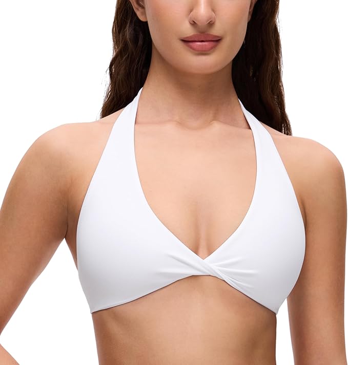 CRZ YOGA Butterluxe Double Lined Twist Halter Sports Bras for Women - Deep V Neck Crop Top Casual Open Back Non Padded