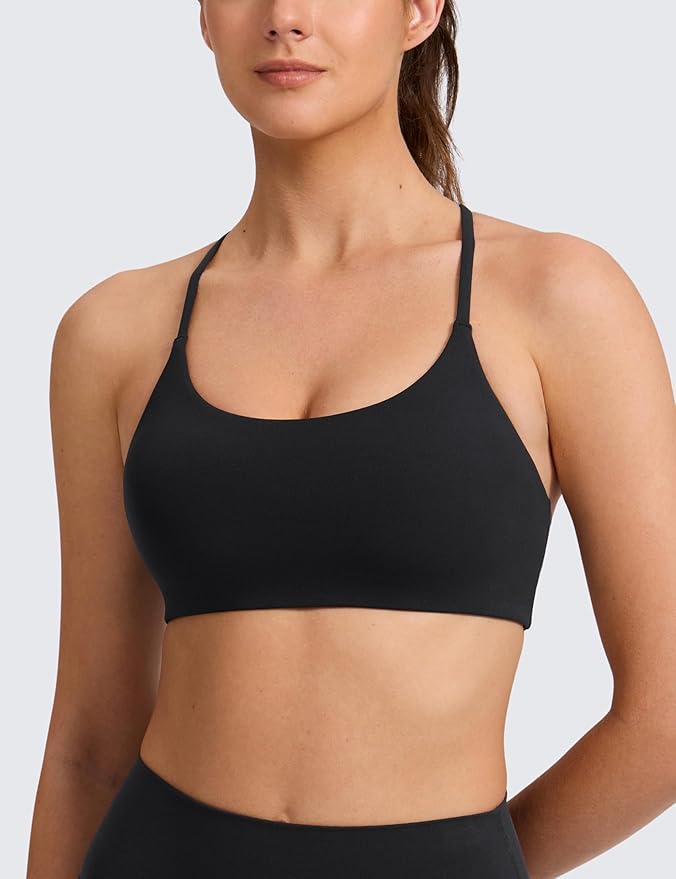 CRZ YOGA Butterlift Double Lined V Back Sports Bras for Women - Scoop Neck Spaghetti Strap Wireless Yoga Top Non Padded