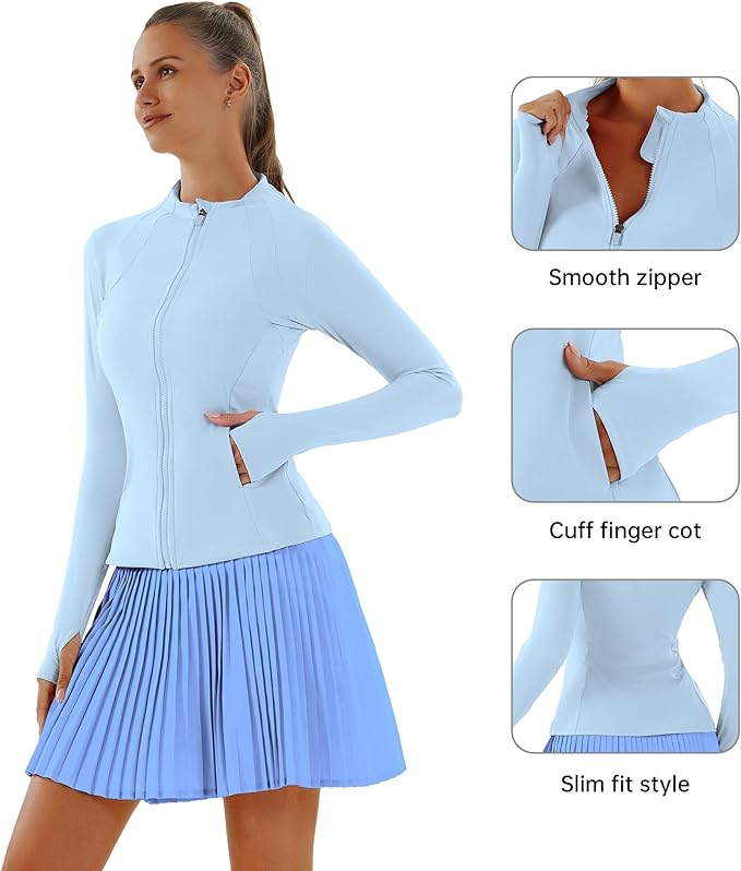 Women Jacket Full Zip UP Workout Athletic Cropped Jacket wIth Thumb Holes Running Yoga Sportswear