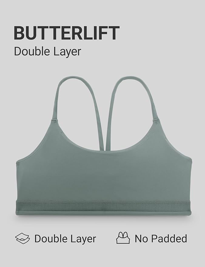 CRZ YOGA Butterlift Double Lined V Back Sports Bras for Women - Scoop Neck Spaghetti Strap Wireless Yoga Top Non Padded