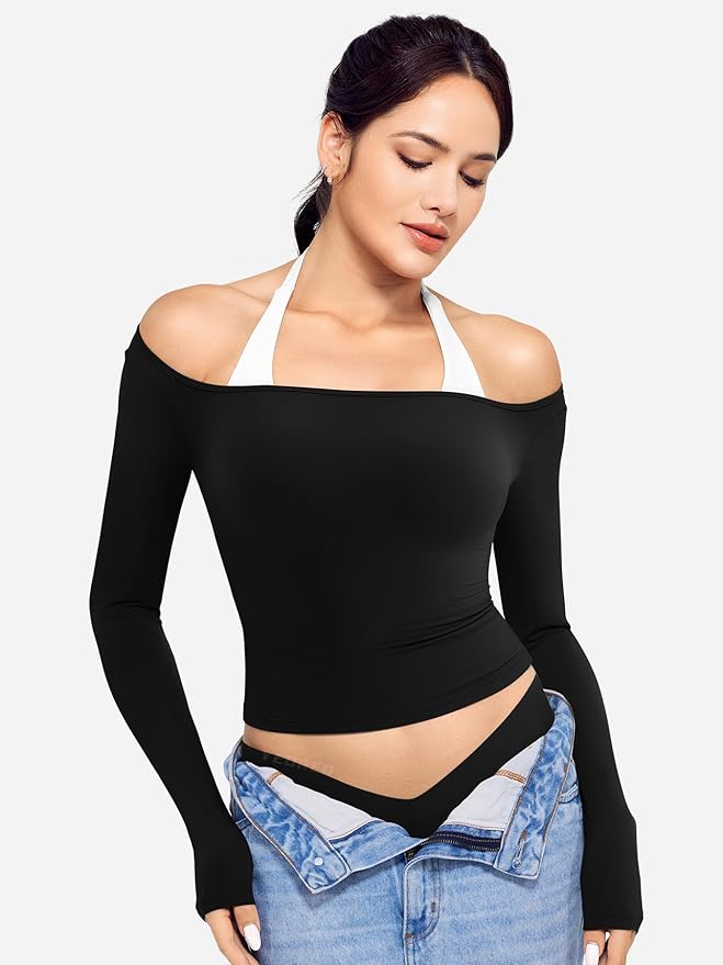 YEOREO Long Sleeve Workout Tops for Women Square Neck Slim Fitted Double Lined Compression Shirt Basic Casual Gym Yoga Tops