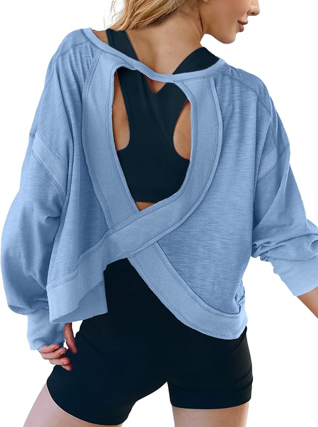 UNIANKIYA Open Back Workout Tops for Women Long Sleeve Cropped Athletic Clothes Gym Running Yoga Low Impact Sports T Shirts
