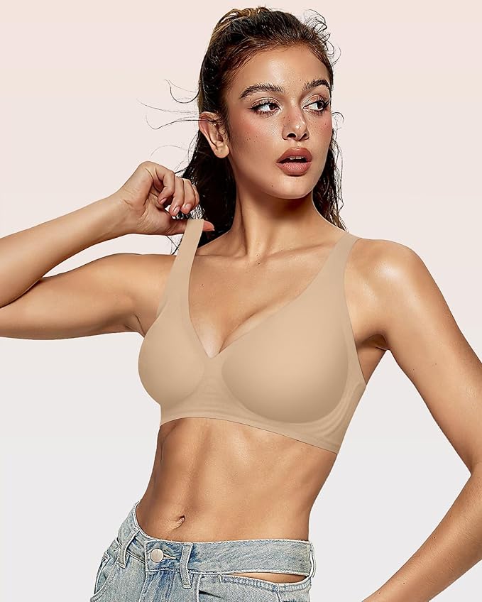 OEAK Womens Deep V Bras Wireless Comfortable Bra Supportive No Underwire Bras Tshirt Push Up Bralettes Plunge Seamless Bra