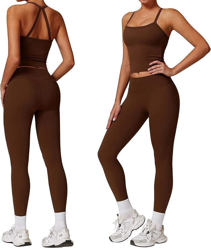 Women 2 Piece Workout Sets (NEW) Yoga Outfit Open Back Tank Top High Waisted Leggings Gym Sets Tracksuits
