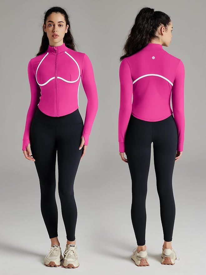 Women Workout Jacket Cropped Contrast Seam Zip Up Athletic Jacket Yoga Sportswear with Thumb Holes
