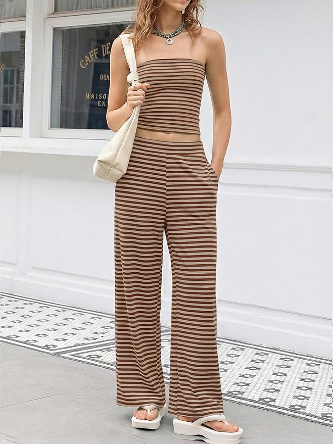 Tankaneo Womens Striped 2 Piece Sets Summer Strapless Crop Tube Tops Wide Leg Pants Matching Lounge Set Vacation Outfits