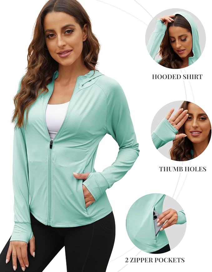 We1Fit Women's UPF 50+ Sun Protection Jacket Hoodie Sun Shirts Hiking Running Athletic Shirt