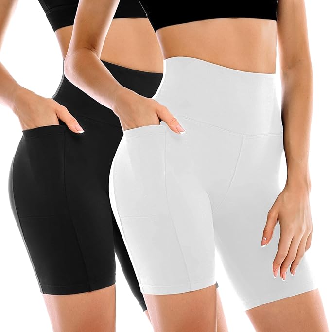 Leafigure 2 Pack Womens Biker Shorts with Pockets, High Waisted Yoga Shorts for Women Running Gym and Workout