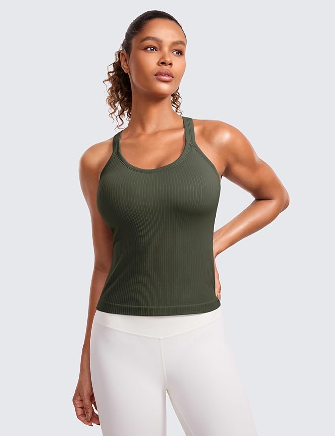 CRZ YOGA Seamless Ribbed Scoop Neck Tank Top for Women - Workout Racerback Padded Athletic Camisole with Built in Bra