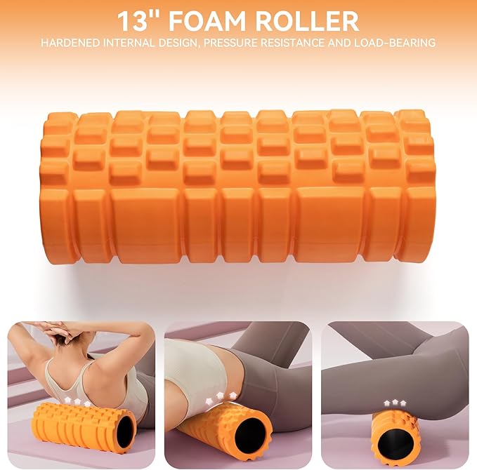 Krightlink 5 in 1 Foam Roller Set for Deep Tissue Muscle Massage, Trigger Point Fitness Exercise Foam Roller, Massage Roller, Massage Ball, Stretching Strap, for Whole Body (Orange Black)